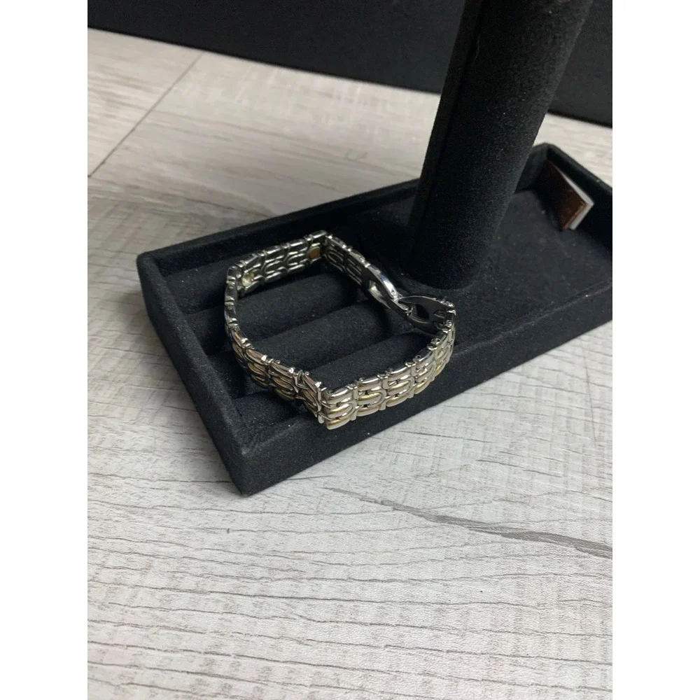 Two Tone Panther Link Bracelet Silver Gold Tone Fold Over Clasp 7 Inch Vintage